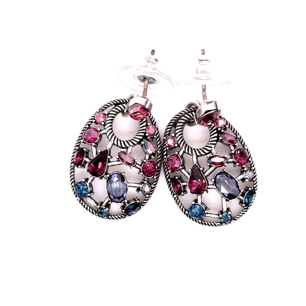 Brighton One Love Multi Color Crystal Silver Tone Oval Drop Post Earrings